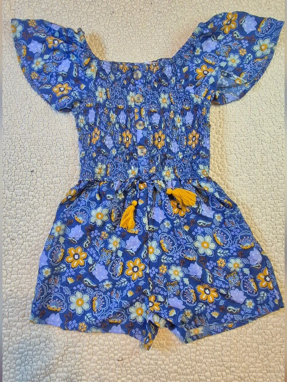 Girls' Blue Floral Smocked Romper with Tassel Tie